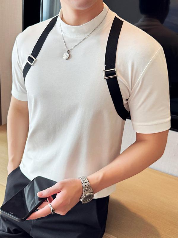 Tシャツ メンズ クルーネック 半袖 スリムフィット 無地 個性的 クール スタイリッシュ デザイン切り替え 高級感 上質 大人カジュアル 再生繊維 混紡素材 イージーケア 春夏 ファッション