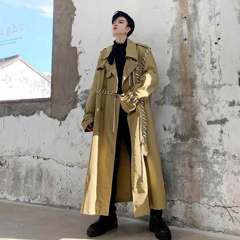 コート メンズ 秋冬 トレンチコート 超ロング丈 ビッグシルエット ストリート カジュアル おしゃれ ダブルブレスト ベルト付き テーラードカラー マント風 綿 カーキ ブラック|way-ugo