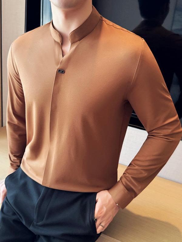 POLOシャツ メンズ スタンドカラー 立ち襟 長袖 スリムフィット 細身 秋 大人カジュアル きれいめ 無地 ポリエステル混紡 トップス デイリーユース ブラック ホワイト コーヒー