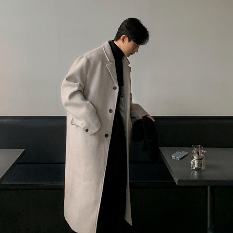 コート メンズ 韓国風 アウター 男性用 ミドル丈 ロング丈 膝丈 オーバーサイズ ゆったり 厚手 保温 防寒 シングルブレスト 襟付き 高級感 カジュアル デイリーユース ポリエステル 無地 秋冬 ベージュ ブラック
