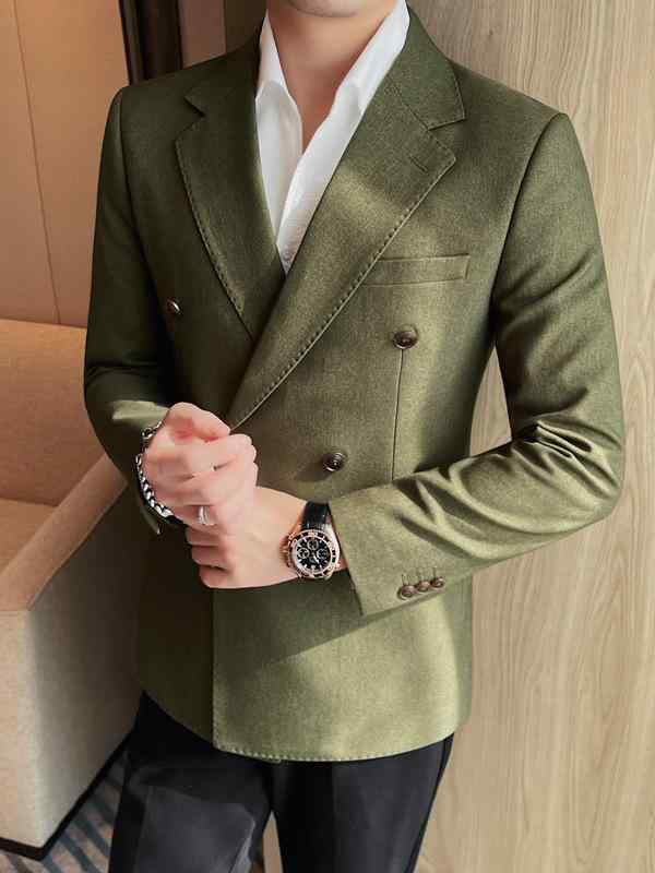 ジャケット メンズ 男性用 ダブルブレスト スリムフィット 無地 パイピング 軽やかな高級感 上品 ビジネス カジュアル 通勤 普段使い 春夏 ポリエステル 混紡 ブラック ブラウン グリーン