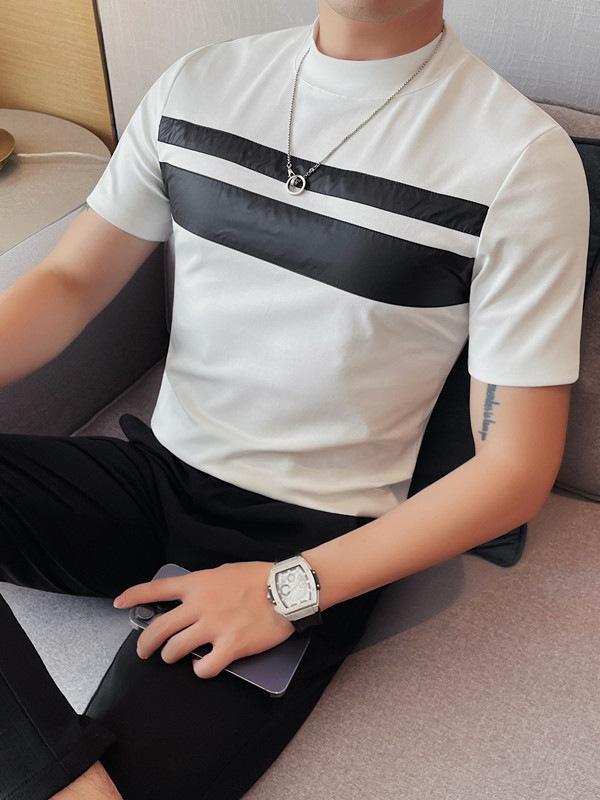 Tシャツ メンズ トップス モックネック 半袖 スリムフィット コットン 綿混 ストレッチ 切り替えデザイン ストライプ 幾何学模様 夏 普段使い きれいめカジュアル ブラック ホワイト