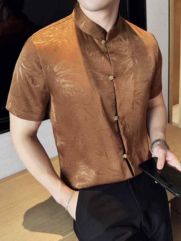 シャツ メンズ トレンド 新中華風 半袖 レトロ チャイナ服 立ち襟 組み紐ボタン 中国風プリント ポリエステル混紡 薄手 レギュラーフィット カジュアル 普段使い 白 黒 茶色 春夏