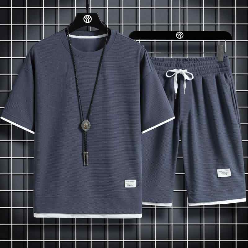 メンズ セットアップ ワッフル生地 半袖Tシャツ ショートパンツ 上下セット スポーツ カジュアル ポリエステル混紡 吸湿速乾 薄手 軽量 普段使い リラックス 夏物 2点セット