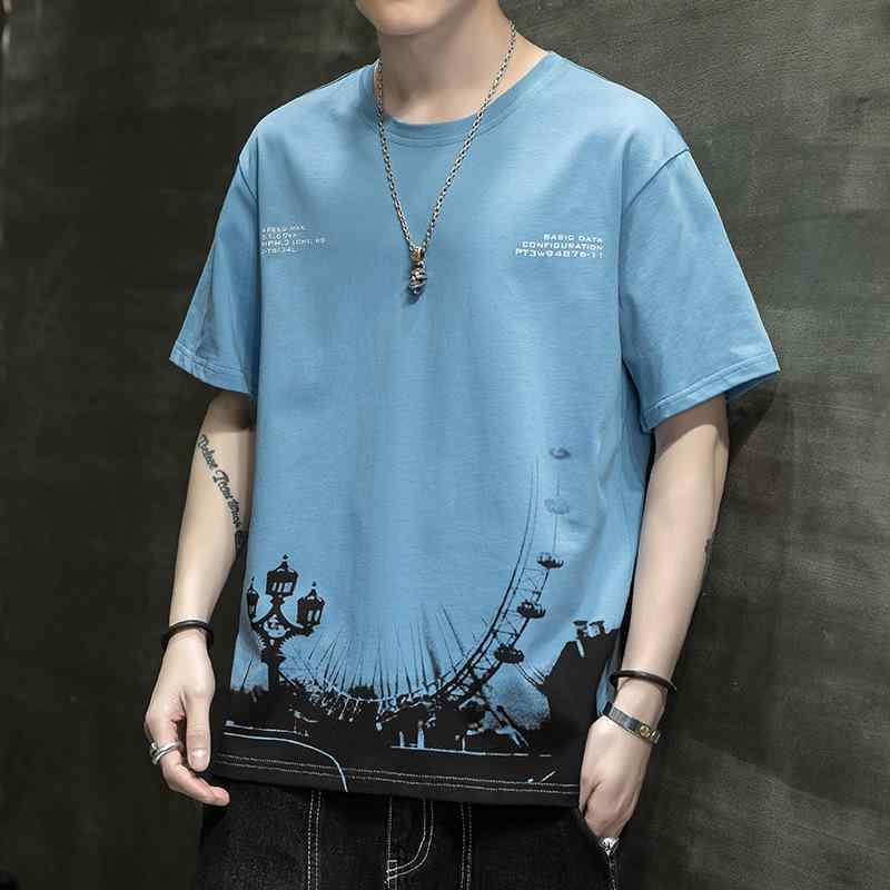 Tシャツ メンズ 半袖 ゆったり オーバーサイズ 綿100% コットン クルーネック 丸首 トップス インナー カットソー 韓国風 トレンド プリント 幾何学模様 薄手 快適 吸湿性 カジュアル 普段使い 春夏 ホワイト ブラック カーキ ブルー