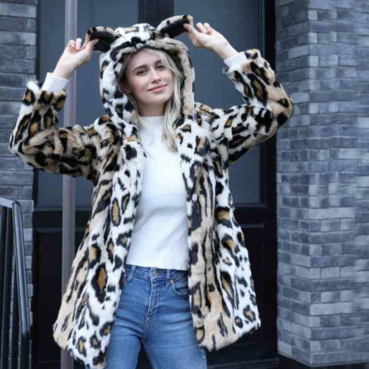 アウター レディース 女性用 秋冬 ヒョウ柄 フード付き フェイクミンクファー コート ジャケット 保温 暖かい 防寒 高級感 カジュアルスタイル 上着｜way-ugo