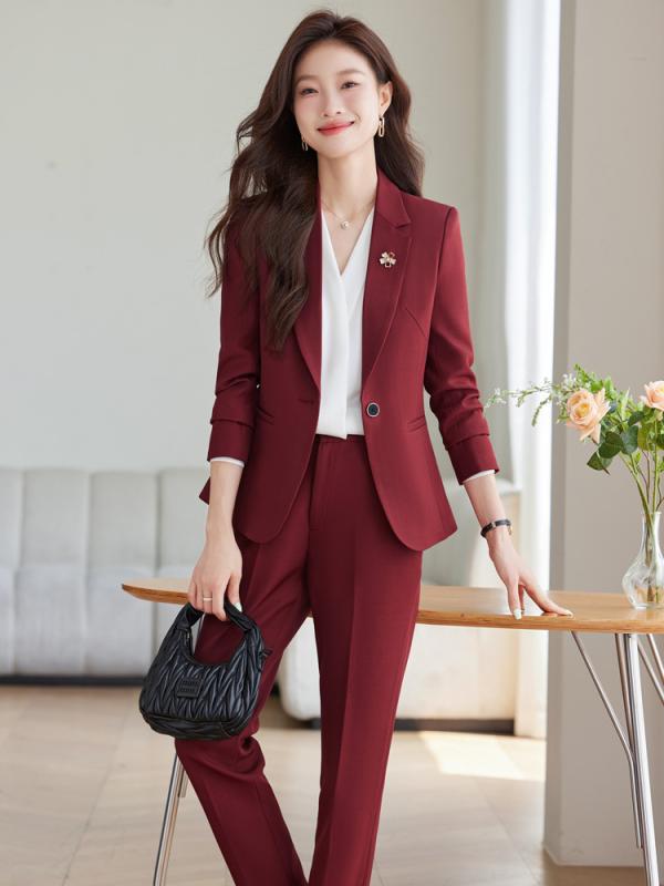 スーツ レディース ワインレッド ジャケット セットアップ 上品 オフィス ビジネス ホテル フロント 受付 制服 ユニフォーム 面接 フォーマル