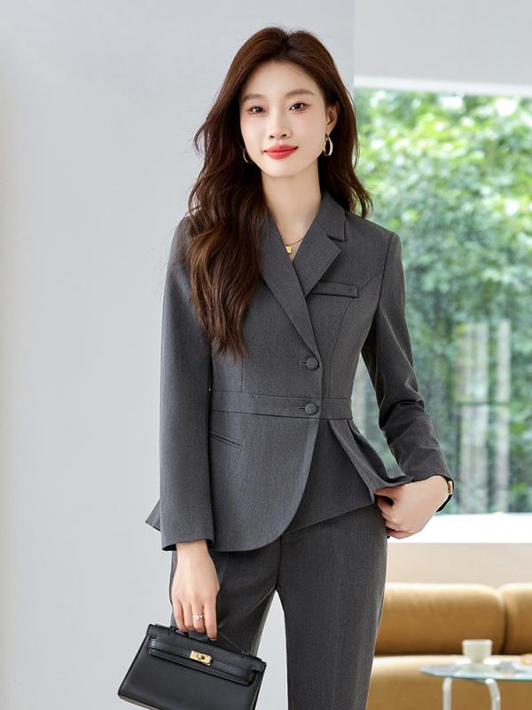 スーツ レディース セットアップ 高級感 ジャケット タイトスカート 2点セット ビジネス オフィス 制服 事務服 通勤 面接 フォーマルウェア ポリエステル 伸縮性 春夏 ブラック ネイビー グレー 女性用 お仕事