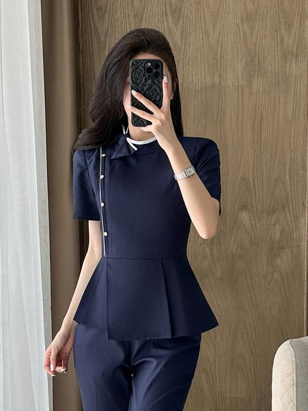 スーツ レディース 春夏 セットアップ 半袖 薄手 オフィス ビジネス ホテル 受付 エステ 美容師 制服 事務服 ユニフォーム ポリエステル ストレッチ きれいめ 上品 ブラック ネイビー ベージュ