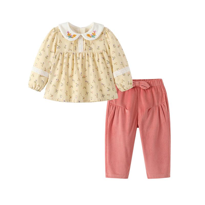 キッズ セットアップ 女の子 裏起毛 ドールカラー 小花柄 長袖 トップス パンツ 2点セット 綿100% 厚手 暖か 冬 韓国風 普段使い 通園 お出かけ スウィート