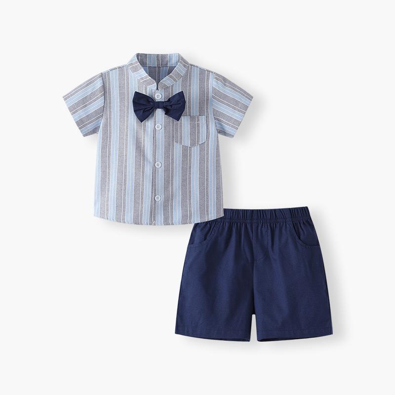 ベビー服 男の子 セットアップ 日系カジュアル ブルーグレー ストライプ柄 半袖 ショートパンツ 綿混 春夏 おしゃれ かっこいい お出かけ 普段使い