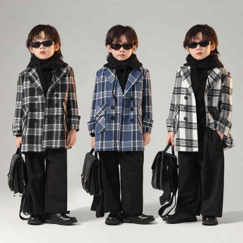 コート 男の子 ボーイズ 秋冬 アウター 韓国風 ミドル丈 ウール調 メルトン ダブルボタン チェック柄 襟付き 薄手 柔らかい 通学 通園 カジュアル ポリエステル