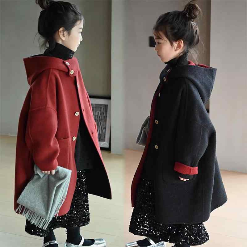 コート 女の子 キッズ 秋冬 リバーシブル ロング丈 フード付き 無地 厚手 防寒 保温 メルトン ウール混 ポリエステル シングルボタン カジュアル ブラック レッド アウター