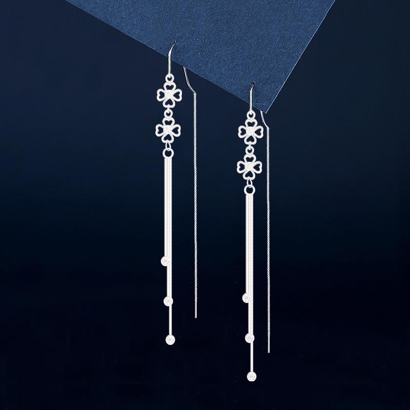 ピアス レディース S925 シルバー ロング フリンジ チェーンピアス ドロップピアス 四つ葉のクローバー 韓国風 シンプル モダン クール エレガント オフィス カジュアル 普段使い シルバーカラー