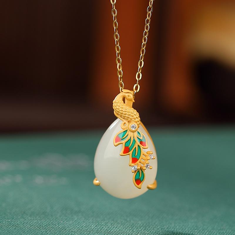 ペンダント S925純銀 金メッキ 和田玉 モダンチャイニーズ 七宝焼き 鳳凰 ドロップ型 しずく型 レトロ アンティーク風 上品 エレガント ネックレス チャーム
