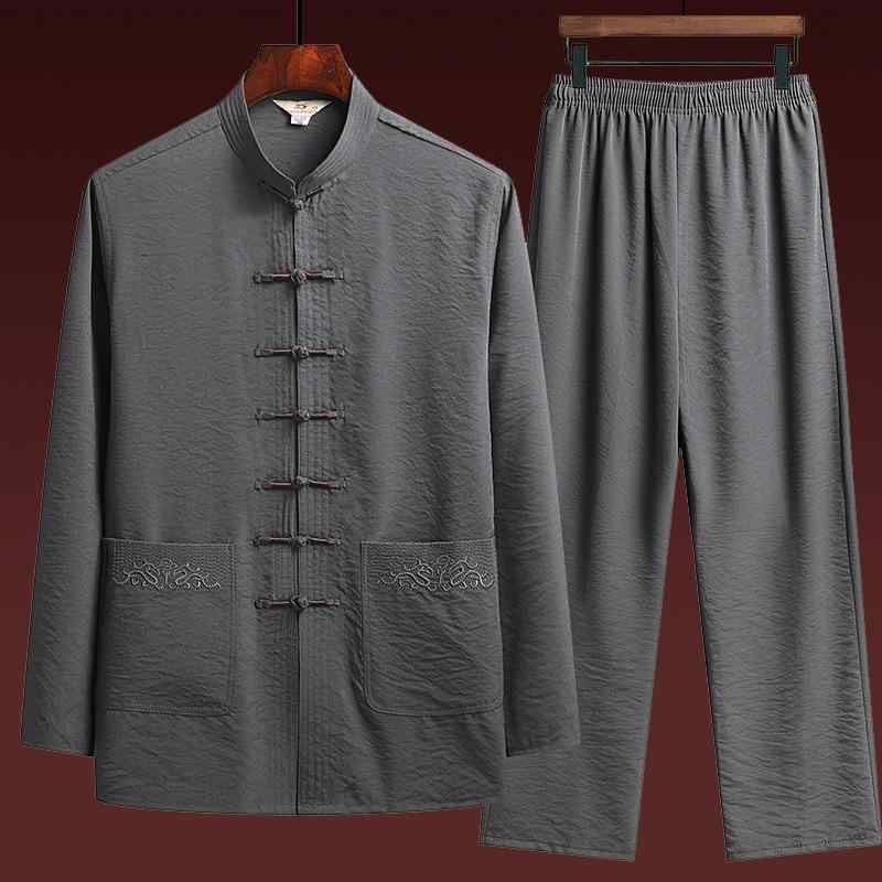チャイナ服 メンズ 男性 中高年 シニア向け 長袖 セットアップ 上下セット 中国風 中華風 作務衣 普段着 部屋着 リラックスウェア ゆったり 着心地快適 ポリエステル混紡 父の日 敬老の日