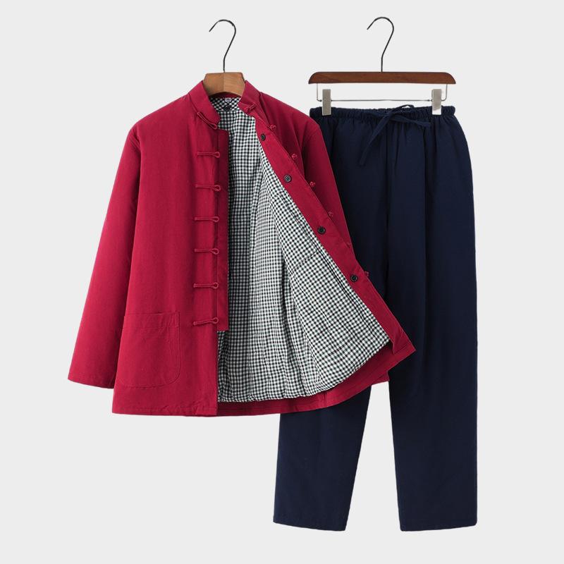 チャイナ服 メンズ 唐装 中綿ジャケット 上下セット 厚手 保温 防寒 冬用 純綿 粗織り カジュアル 中高年向け レトロ ブラック ネイビー ブラウン