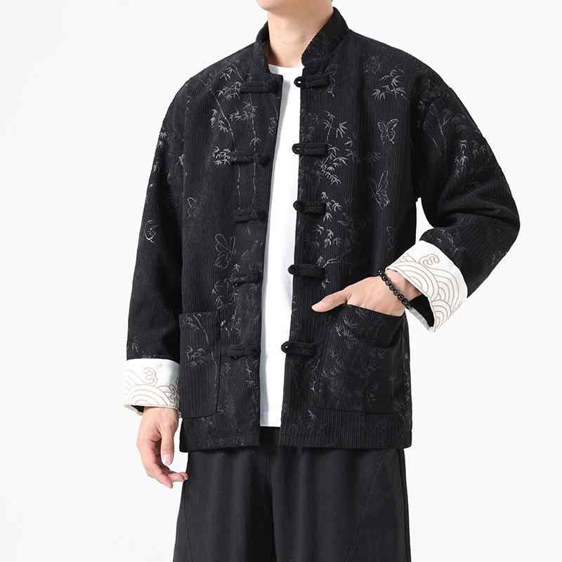 アウター メンズ 男性用 秋冬 コーデュロイ レトロ カジュアル ブルゾン 中国風 新中華風 唐装 普段使い 綿 ピンク グリーン レッド ブラック