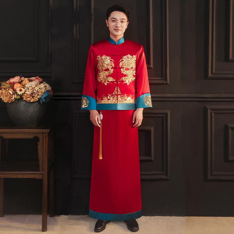 礼服 メンズ 成人男性用 秀禾服 花むこ御召しもの 瀬戸もの風礼服 中華風言い慣わし御召しもの 赤いこと 赤いこと 華燭の典 華燭の典 挙式 交歓会 二次会 繻子 ポリエステル 刺しゅう