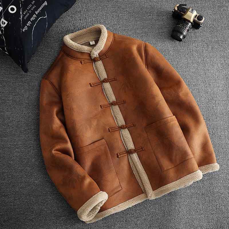 上衣 メンズ 成人男性用 中国風 チャイナテイスト 漢服風 唐装ひな型 コール天 綿 裏ボア 朦々たる フェイクファー一体型 防寒 保温 ゆったり ビッグ影ぼうし 馬鹿でかい大きさ 心地好い 冬 珈琲 黒 赤銅色