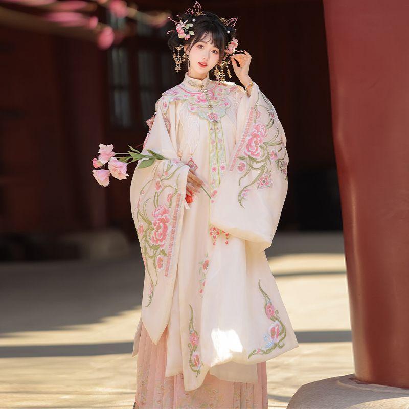 漢服 レディース オリジナル 明朝様式 立ち襟長着 トップス 重厚刺繍 雲肩デザイン 麻 リネン シフォン 馬面スカート スリーピース セットアップ 春夏 中国伝統衣装 民族衣装 エレガント