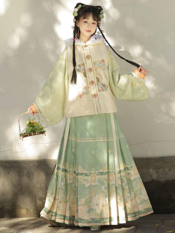 漢服 レディース 明朝様式 馬面裙 袴スカート 方領比甲 ベスト 厚手 ポリエステル製 秋冬 普段使い デイリーユース 防寒 保温 オリジナルデザイン 中国伝統衣装