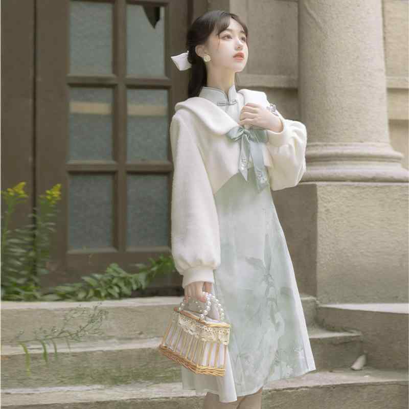 漢服風セットアップ レディース 目あたらしい青写真 蘭亭序 中国風 漢服電子素子 レトロ アウター ロング衣装 普段使い走り デイリー ポリエステル 秋冬