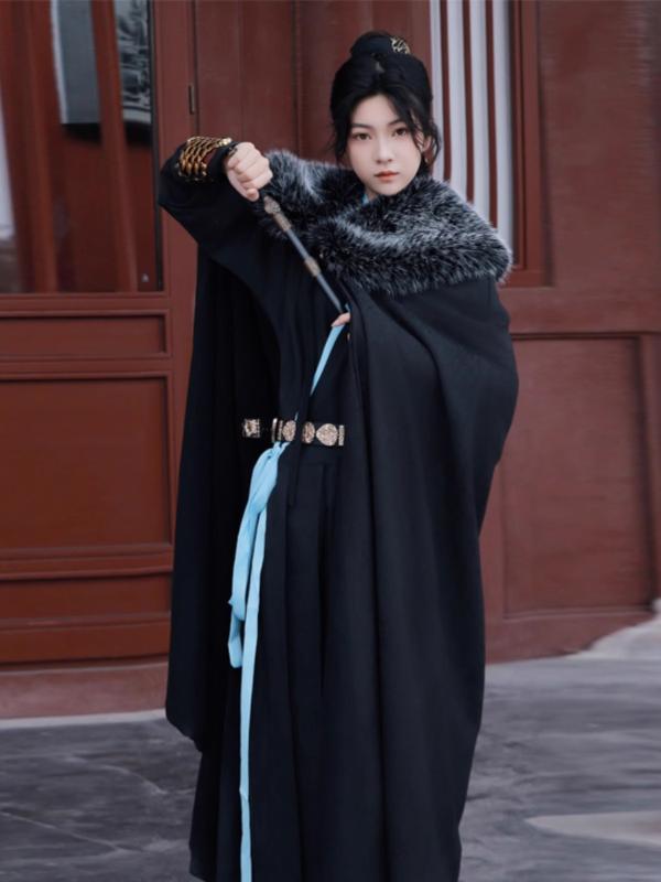 アウター 男女兼用 中国風 漢服 飛魚服 明風 マント厚地の外套 毛皮襟 朦々たる ロング丈 ポリエステル 刺しゅう 幾何学学飾りつけ 黒いこと 秋冬