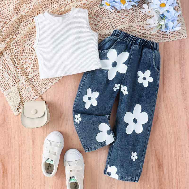 セットアップ 女の子 キッズ 子供服 春夏 リブ ノースリーブ トップス 花柄 蝶々プリント デニム ロングパンツ 上下セット コットン カジュアル オフホワイト ブラック