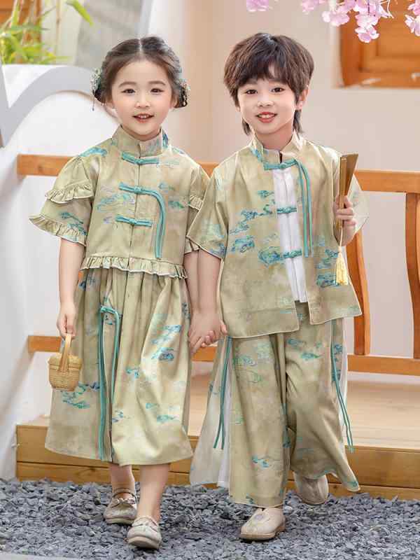 唐装 キッズ 男の子 女の子 モダンチャイナ 中華風 発表会 イベント 幼稚園 上下セット 花柄 薄手 軽量 柔らか素材 綿混紡 ポリエステル 夏 民族衣装