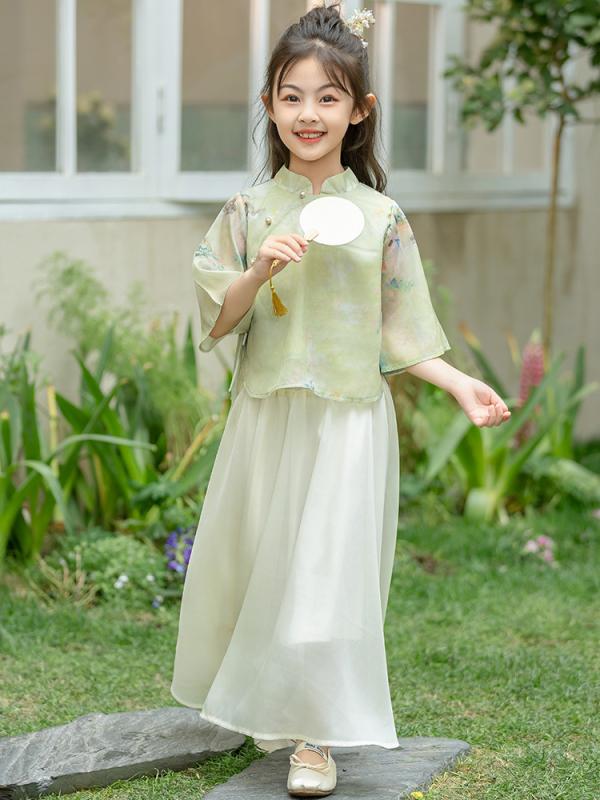 チャイナドレス 女の子 かわいい 中国風 漢服風 新中華風 花柄 2点セット 夏用 シフォン ポリエステル プリンセス グリーン セットアップ キッズ ファッション