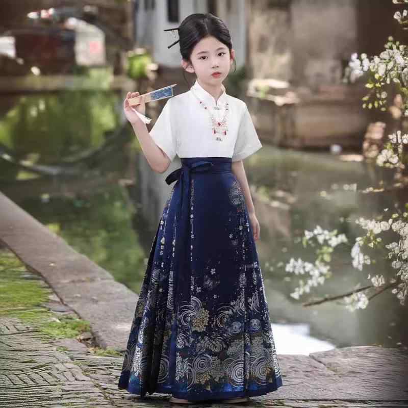 子供服 女の子 女児 漢服 セットアップ 春夏 半袖トップス 馬面裙 プリーツスカート 金糸織り 花柄 古風 中華風 高級感 ポリエステル お出かけ 普段着
