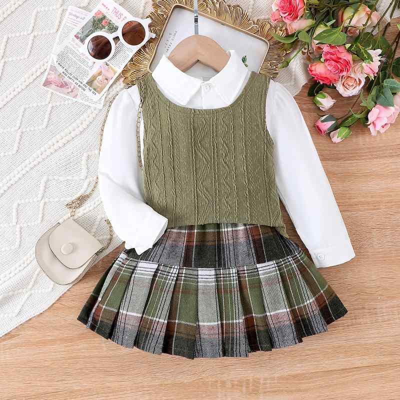 セットアップ 女の子 ガールズ 秋冬 キッズ 子供服 スクールスタイル 学院風 カジュアル 襟付き 長袖 シャツ トップス ニット セーター ベスト ジレ チェック柄 ミニスカート 綿 コットン 三点セット 通学 普段使い レッド グリーン