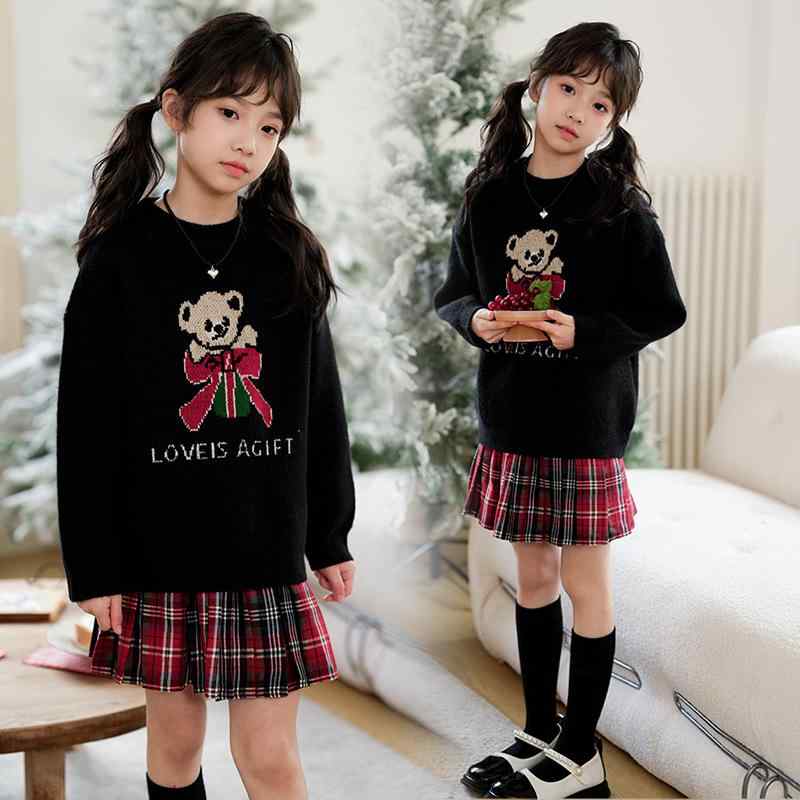 女の子 キッズ セットアップ 秋冬 韓国風 厚手 ざっくりニット セーター アクリル 毛玉防止 ピリング防止 チェック柄スカート クリスマス お正月 ジュニア 高学年 赤 レッド 黒 ブラック かわいい カジュアル