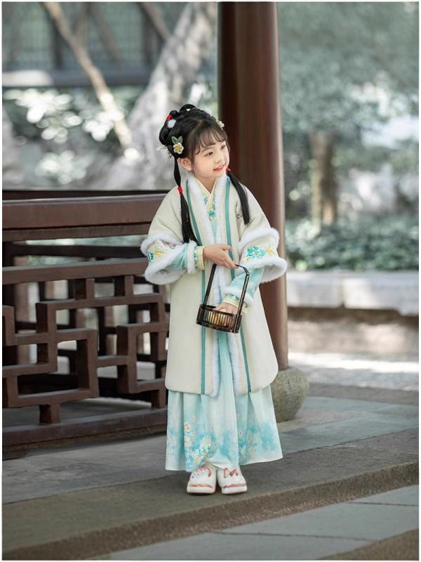漢服 女の子 子供 キッズ ジュニア 宋代風 中国風 クラシカル 襦裙 三点セット 厚手 裏起毛 綿混 ポリエステル 冬 正月 お祝い 発表会 七五三 ブルー系
