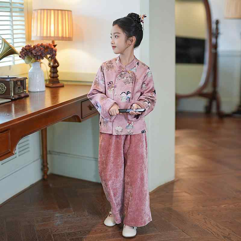 セットアップ キッズ 女の子 新中華風 古典風 伝統衣装 ワイドパンツ 上下セット 長袖 綿 ピンク 春秋 発表会 お出かけ イベント