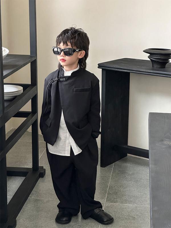 セットアップ 男の子 キッズ ボーイズ 新中華風 唐装 チャイナ服 民族衣装 上下セット レトロ クラシック 中山襟 スタンドカラー ジャケット パンツ カジュアル フォーマル 発表会 ポリエステル ソフト 秋冬春