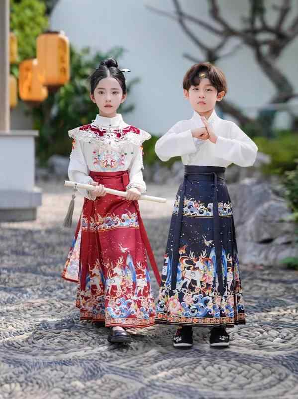 キッズ 男女兼用 漢服 中国伝統衣装 馬面スカート プリーツスカート セットアップ 上下セット 発表会 舞台 イベント 学芸会 中国風 コスプレ 綿混素材 ソフトな肌触り 4WAYストレッチ 長袖