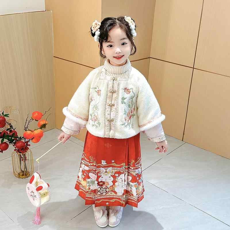 キッズ 女の子 ガールズ 唐装 チャイナ服 馬面スカート ボトムス セットアップ 上下セット 2点セット 厚手 暖か ポリエステル 新年 お正月 イベント 民族衣装 かわいい スイート 秋冬