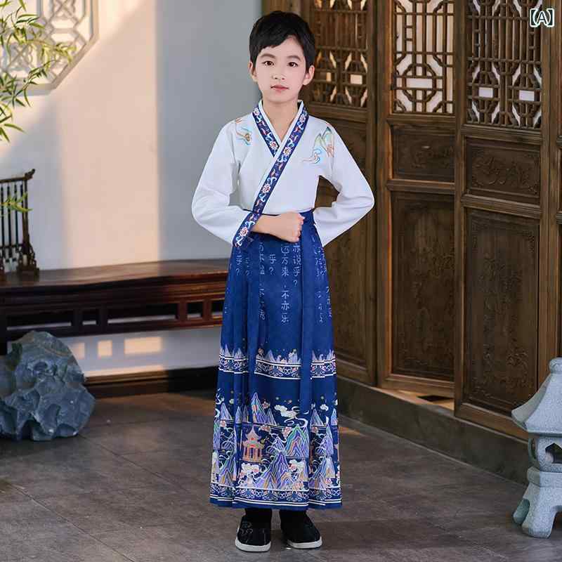漢服 民族衣装 子供 男女兼用 男の子 女の子 小学生 馬面スカート セットアップ 上下セット 伝統衣装 中国風 古風 発表会 朗読会 舞台衣装 学芸会 イベント ポリエステル 柔らか素材 ブルー レッド