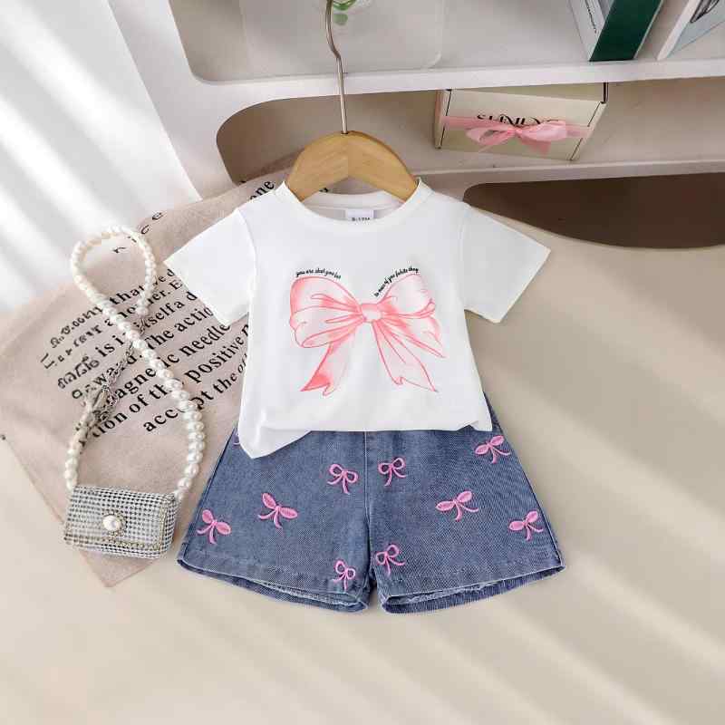 女の子 ガールズ セットアップ 春夏 半袖 丸首 リボン プリント Tシャツ デニム ショートパンツ 上下セット カジュアル 普段着 お出かけ かわいい おしゃれ ソフト 綿 コットン ホワイト|way-ugo