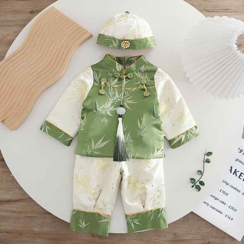 フォーマルウェア ベビー 男の子 1歳誕生日祝い 百日祝い 記念日 お祝い チャイナ服 セットアップ 中華風 レトロモダン 祝い着 正装 礼服 グリーン 春夏 薄手 織錦織 ポリエステル 絹のような光沢