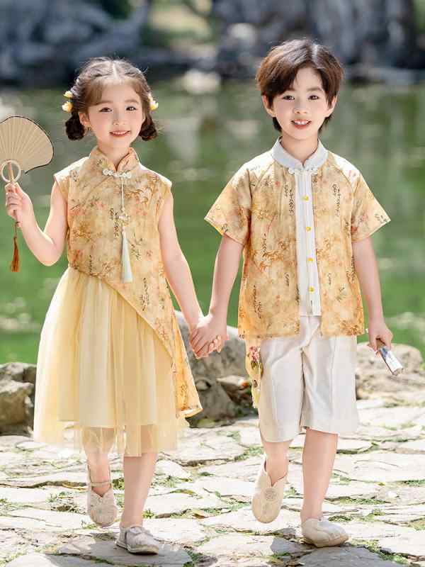 チャイナドレス 女の子 キッズ 漢服 ワンピース ドレス 夏 花柄 切り替え 新中式 改良 中華風 セットアップ 綿混ポリエステル 柔らか素材 かわいい 普段使い イベント 衣装 発表会