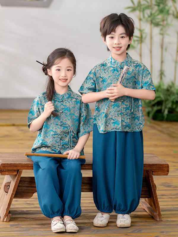 キッズ 男の子 女の子 新中華風 改良チャイナ服 半袖トップス ロングパンツ 2点セット 花柄 かわいい ソフトタッチ 綿混ポリエステル素材 きょうだいお揃い 春夏服 3歳 8歳向け