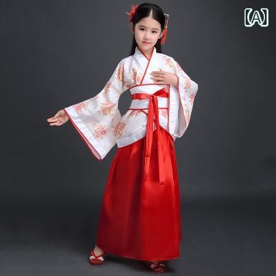 民族衣装 女の子 ガールズ 漢服 中国伝統衣装 交襟 ハイウエスト 襦裙 セットアップ ジャガード織り 刺繍 花柄プリント 絹織物風 ピンク ブルー パープル グリーン 改良 モダン エレガント 清涼感 発表会 イベント コスプレ 子供服 キッズ