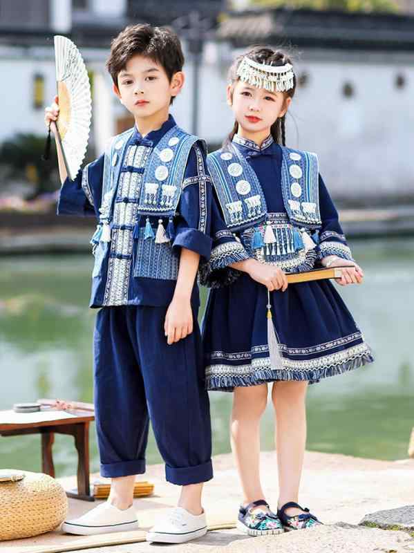民族衣装 キッズ 男の子 女の子 唐装 中国風 ダンス衣装 発表会 舞台 イベント 上下セット 綿 コットン 薄手 やわらか ネイビー 春夏