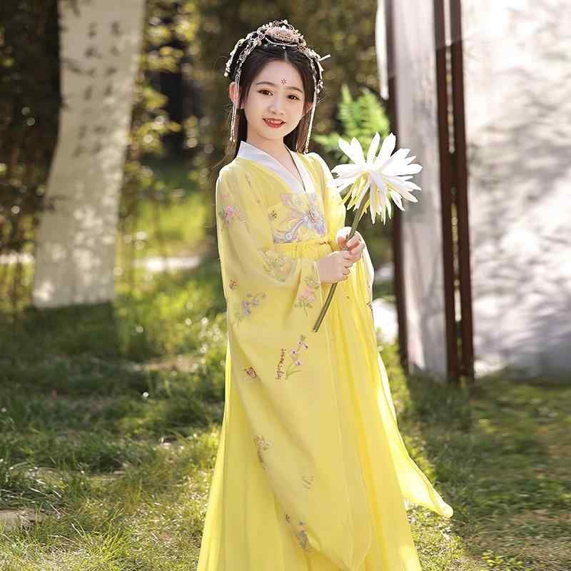 民族衣装 女の子 黄色 漢服 古典衣装 唐装 キッズ 大袖 ワンピース ドレス 襦裙 花柄 麻混紡 リネンブレンド 柔らかい 中国風 優雅 古風 発表会 イベント 普段使い