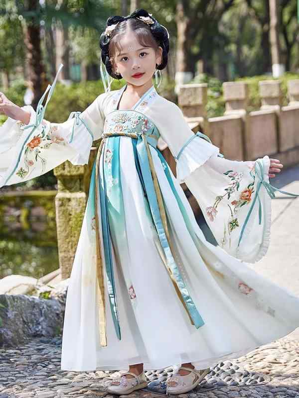 漢服 女児 中国風 仙女風 華やか リネン ワンピース 子供用ドレス 民族衣装 時代衣装 舞台衣装 発表会 イベント コスチューム 花柄 かわいい 田園風 レトロ