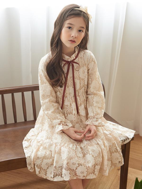 ワンピース 女の子 キッズ ジュニア 春秋 長袖 韓国風 おしゃれ レース プリンセス フリルドレス 上品 高級感 綿 コットン フォーマル お出かけ ベージュ アイボリー