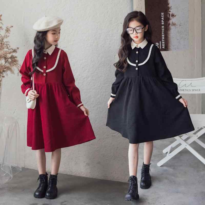 ワンピース キッズ 女の子 韓国風 学院風 スクールスタイル コーデュロイ 長袖 Aライン 秋冬 柔らかい 女児ドレス ジュニア 裏起毛 通学 お出かけ ワインレッド ブラック